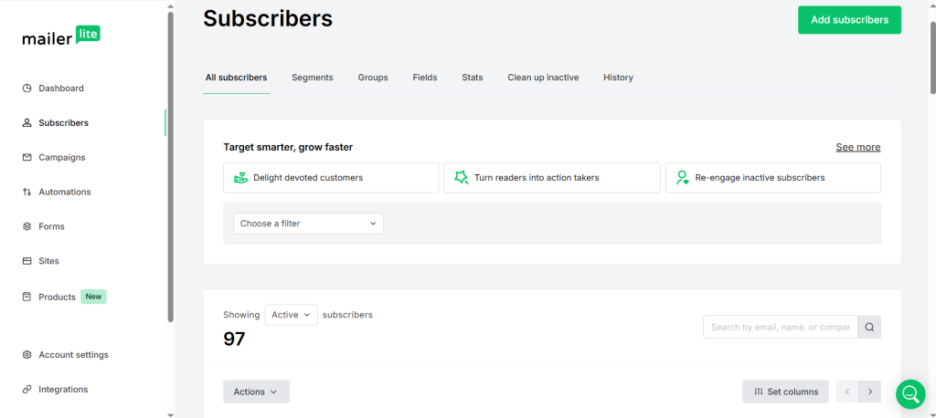 Panel principal Dashboard de MailerLite Por qué recomiendo MailerLite para tu email marketing (desde mi experiencia como diseñadora web)
