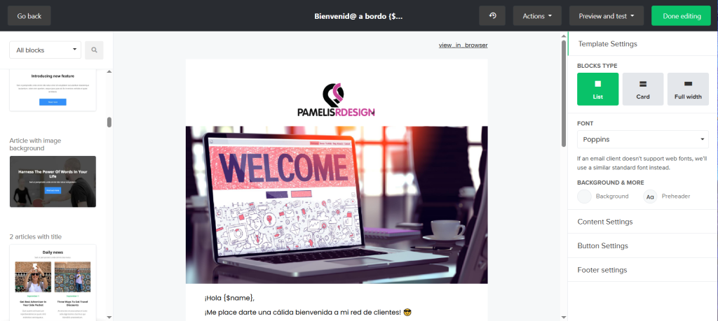 editor mailerlite Por qué recomiendo MailerLite para tu email marketing (desde mi experiencia como diseñadora web)